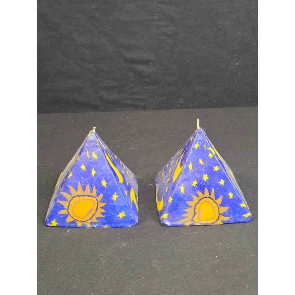 Vintage Celestial Sun Moon 90's Pyramid Candles Set of 2 Blue  Decorative Wax